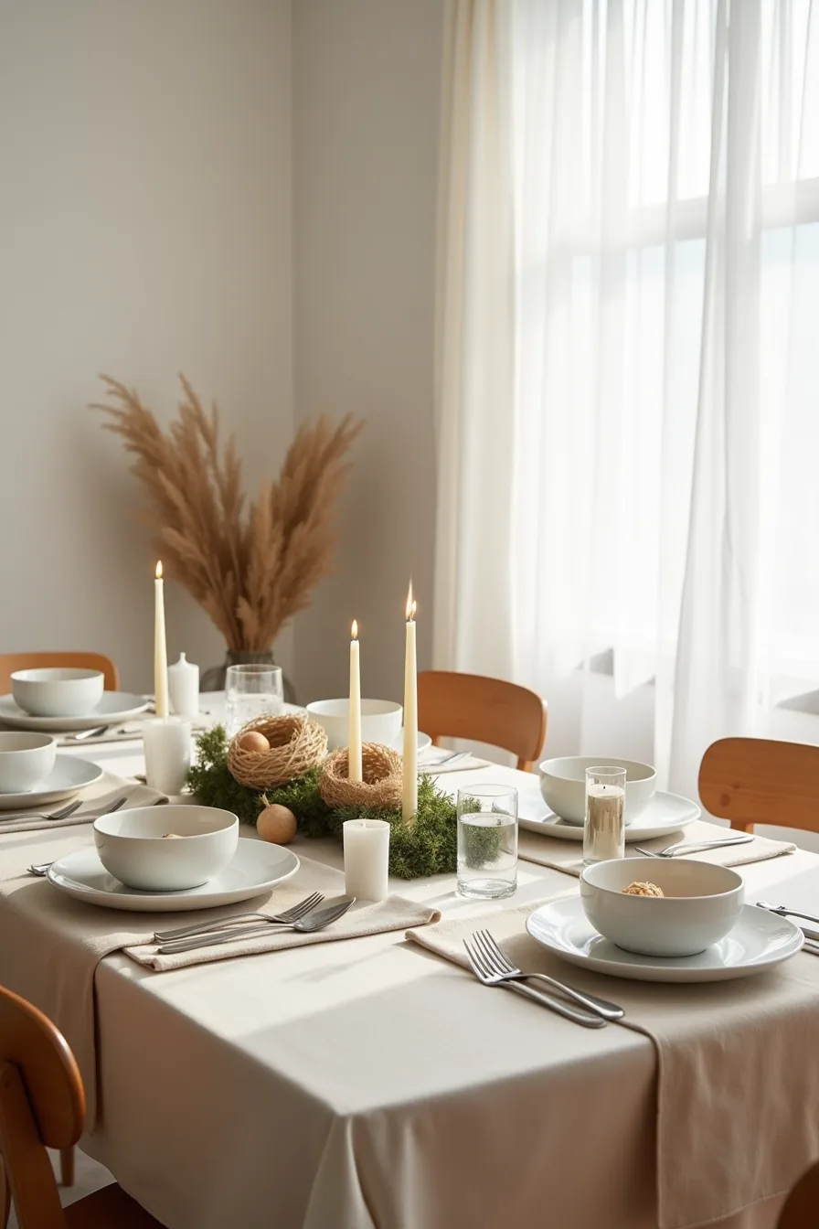 Dining table for four with white placemats, pastel plates, and a centerpiece runner with paper nests, candles, and moss.