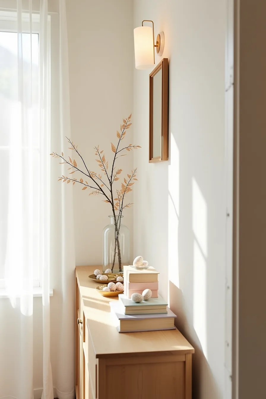 Entryway console table with stacked wooden boxes, brass tray of speckled eggs, and a branch with paper leaves in a glass
