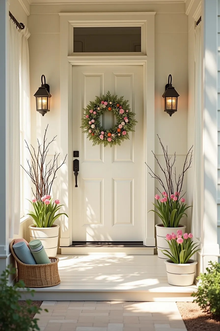 Front porch entrance with tiered spring bulb planters, a woven basket of rolled blankets, and a faux branch wreath on the