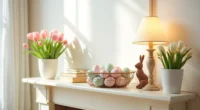 Cream fireplace mantel decorated with a tiered wire basket of pastel eggs, potted tulips, and a woven bunny figurine.