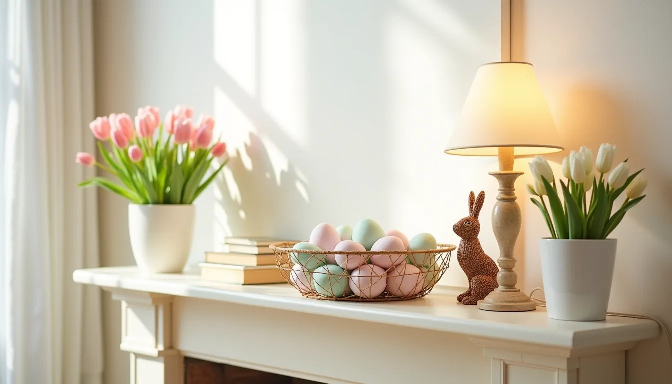Cream fireplace mantel decorated with a tiered wire basket of pastel eggs, potted tulips, and a woven bunny figurine.