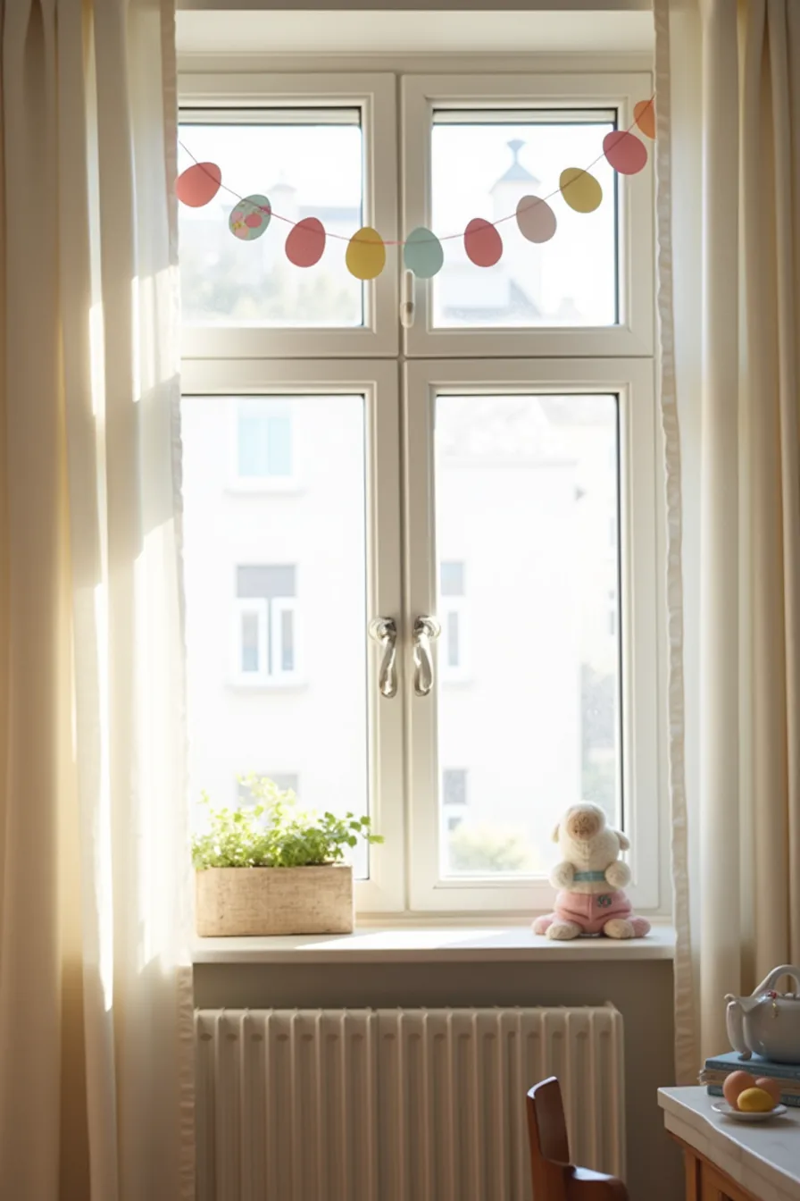 Double-hung window decorated with paper bunting and suction-cup egg garland with natural light shining through.