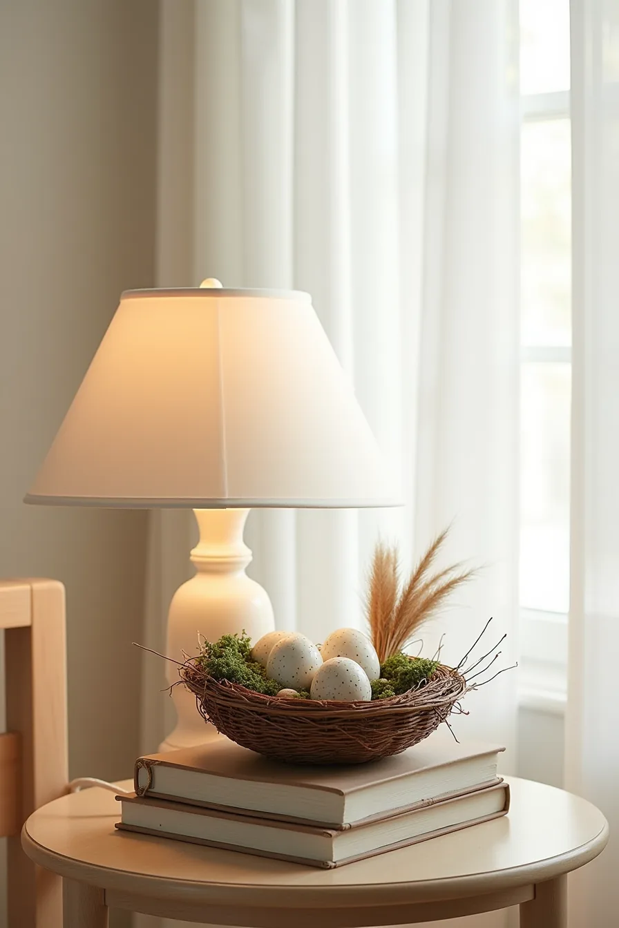 Woven nest on a side table filled with speckled ceramic eggs, dried grasses, faux birds, and moss viewed from above.
