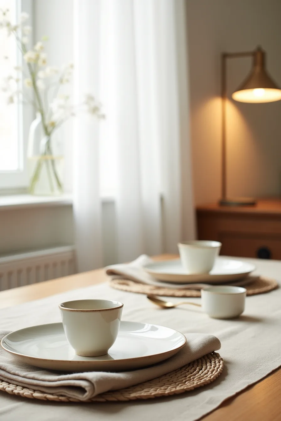 Formal place setting with handmade ceramic plate, natural linen napkin, ceramic egg cup, vintage spoon, and cotton table