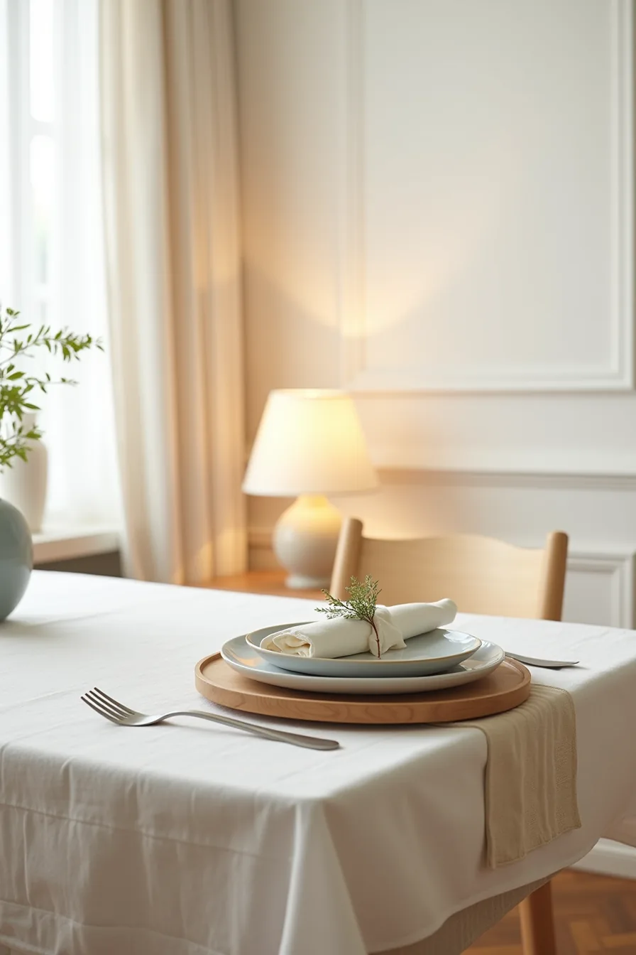 Overhead view of layered cream and gray linens with geometric ceramic plate, wooden charger, folded napkin, and single