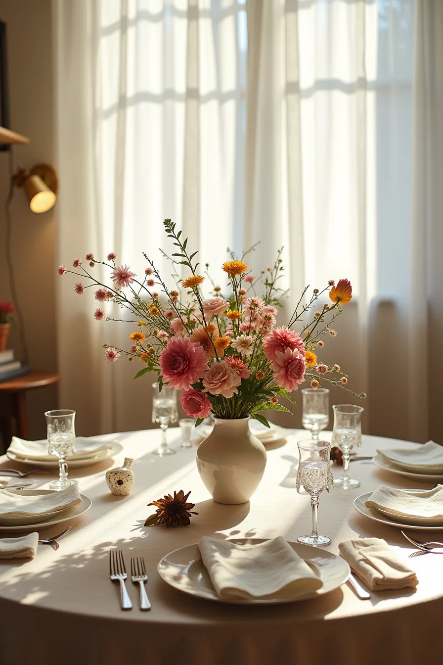 Cluttered table with overcrowded centerpiece, oversized vase with wilting flowers, and crushed napkins creating visual
