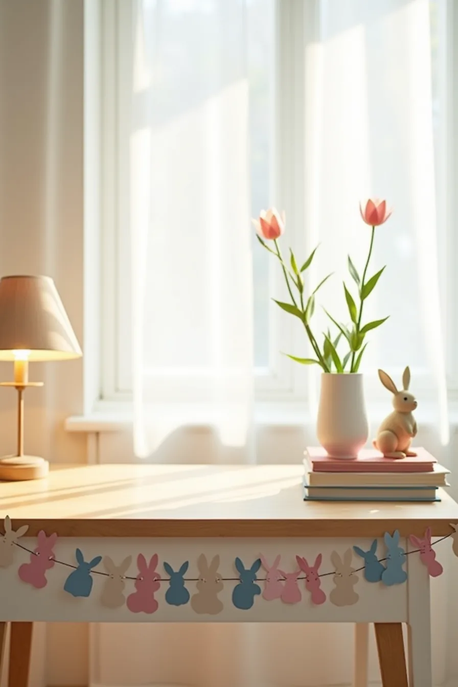 Pastel cardstock garland with cut paper bunnies, eggs, and tulips hanging below a table edge.