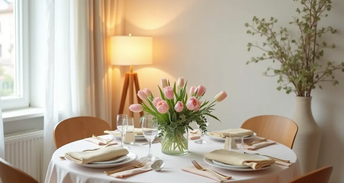 Round dining table with pastel linens, tiered tulip and eucalyptus centerpiece, place cards, and folded napkins lit by soft