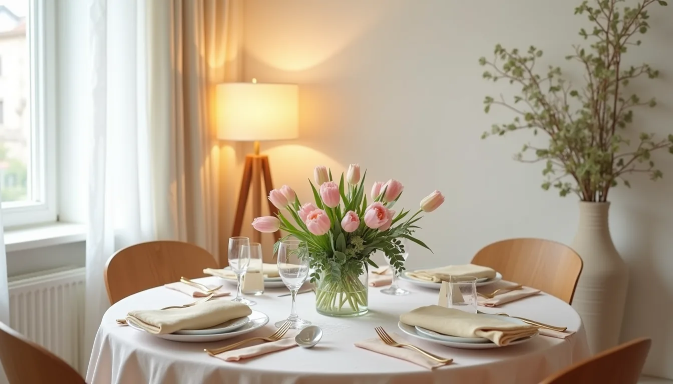 Round dining table with pastel linens, tiered tulip and eucalyptus centerpiece, place cards, and folded napkins lit by soft