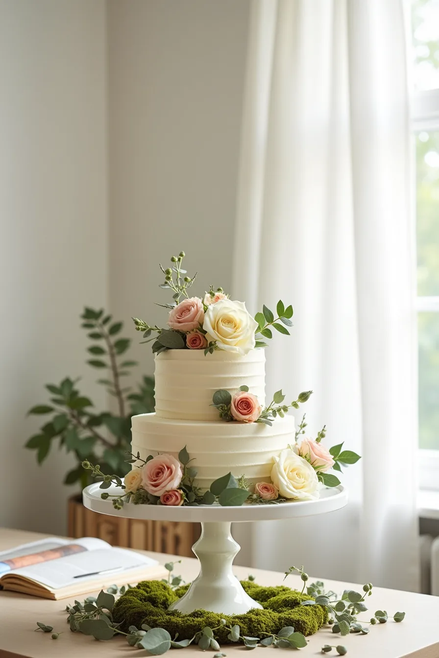 Three-tiered cake stand displaying cream roses, blush roses, white ranunculus, and eucalyptus with moss and stones scattered