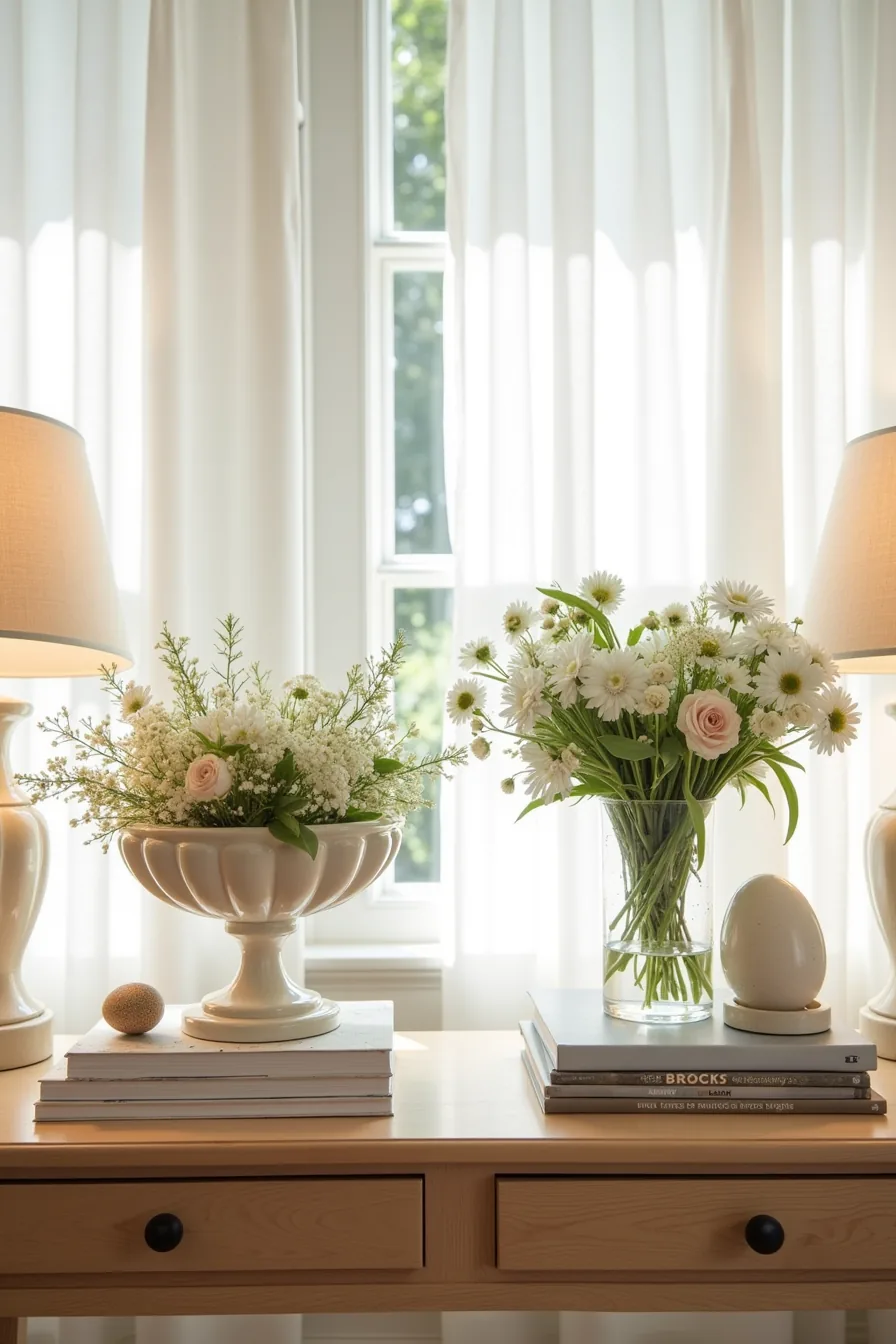 Console table divided between an elegant heirloom compote with fresh flowers on the left and budget grocery flowers with