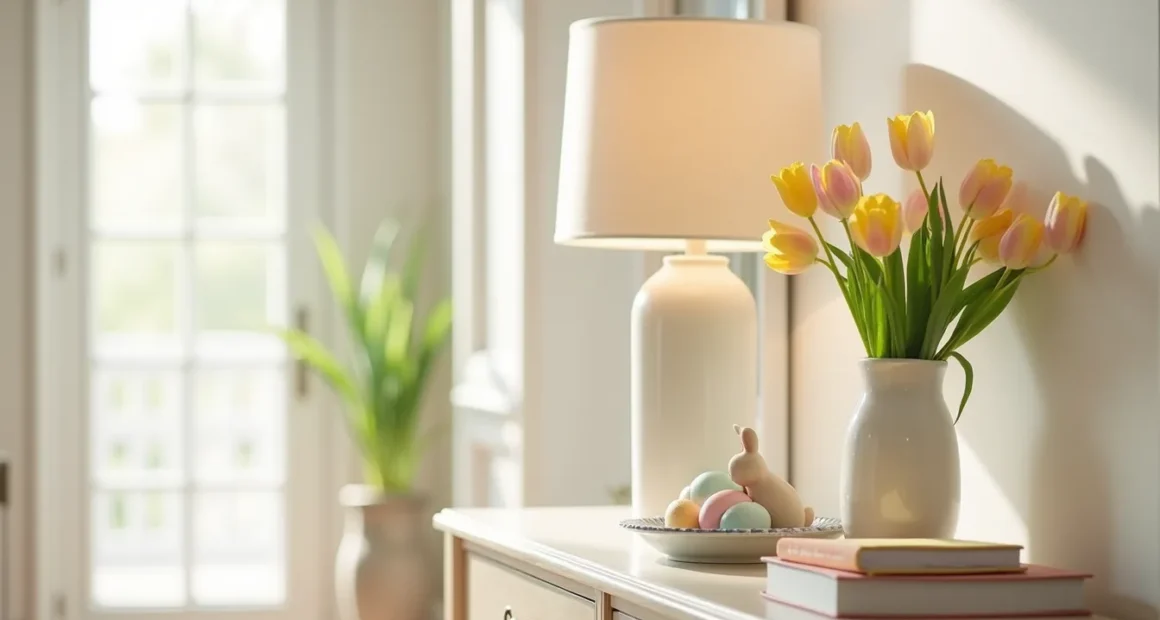 Narrow console table styled with a ceramic bunny, pastel eggs in a dish, and tulips in a vase against an entryway wall.