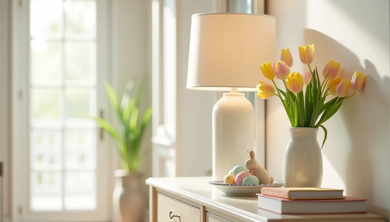 Narrow console table styled with a ceramic bunny, pastel eggs in a dish, and tulips in a vase against an entryway wall.