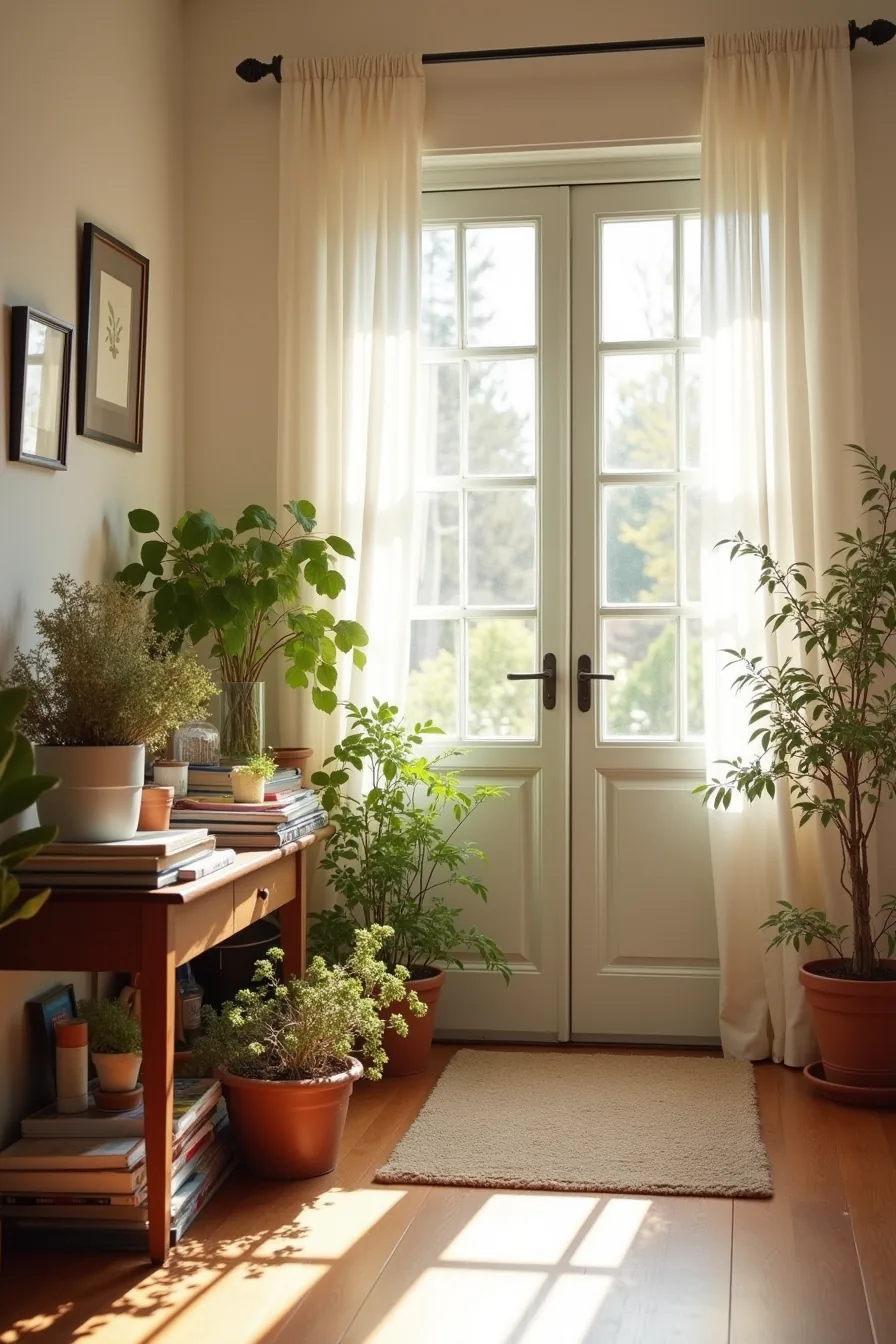 An overcrowded entryway table with mismatched containers, drooping flowers, tangled greenery, and clutter blocking the