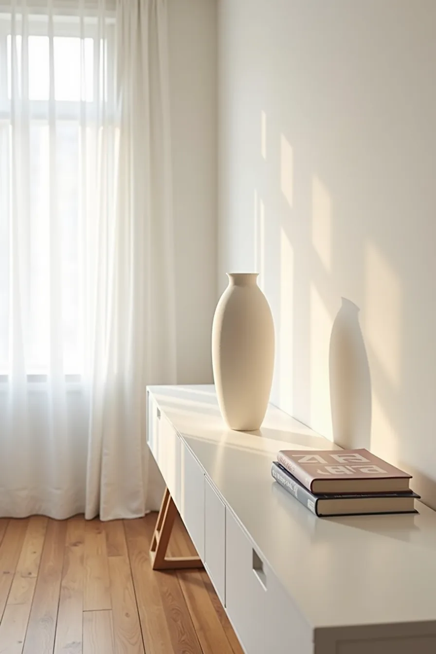 A tall matte white ceramic vase sits off-center on a console table with expansive empty space surrounding it.