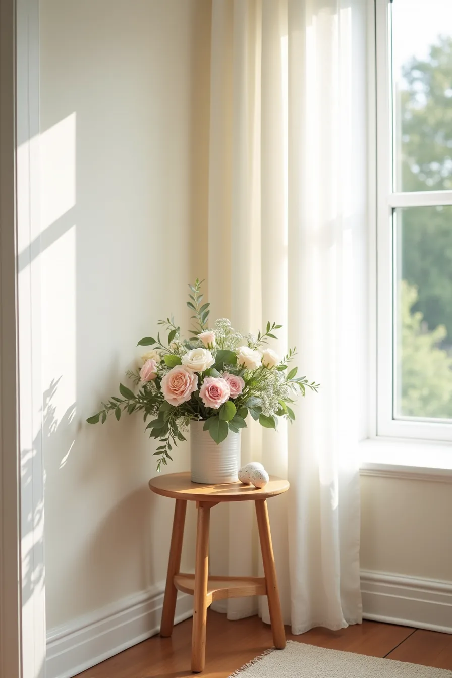 Round side table in an entryway corner holding pink and cream ranunculus, roses, eucalyptus, and ceramic eggs at the base.