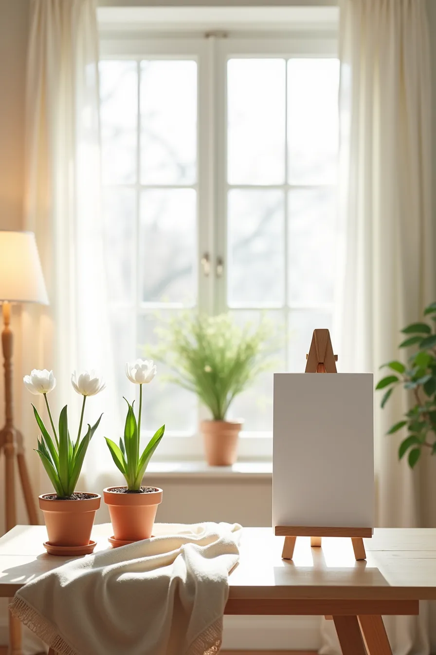 Three terra-cotta potted spring bulbs, a draped fabric runner, and a wooden easel with paper banner decorate an entryway