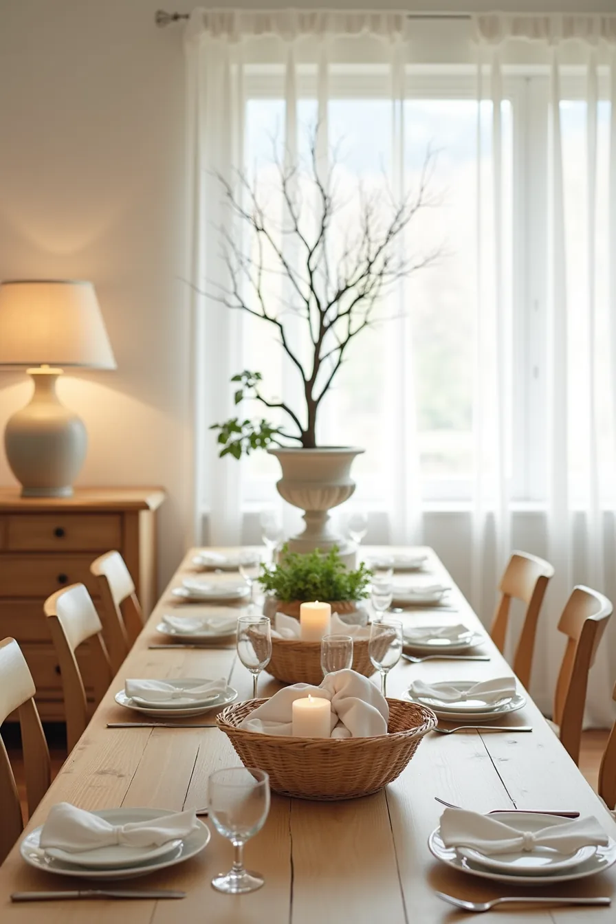 Dining console with a tall branched urn in back, potted hyacinth in center, woven basket of linens in front, and scattered