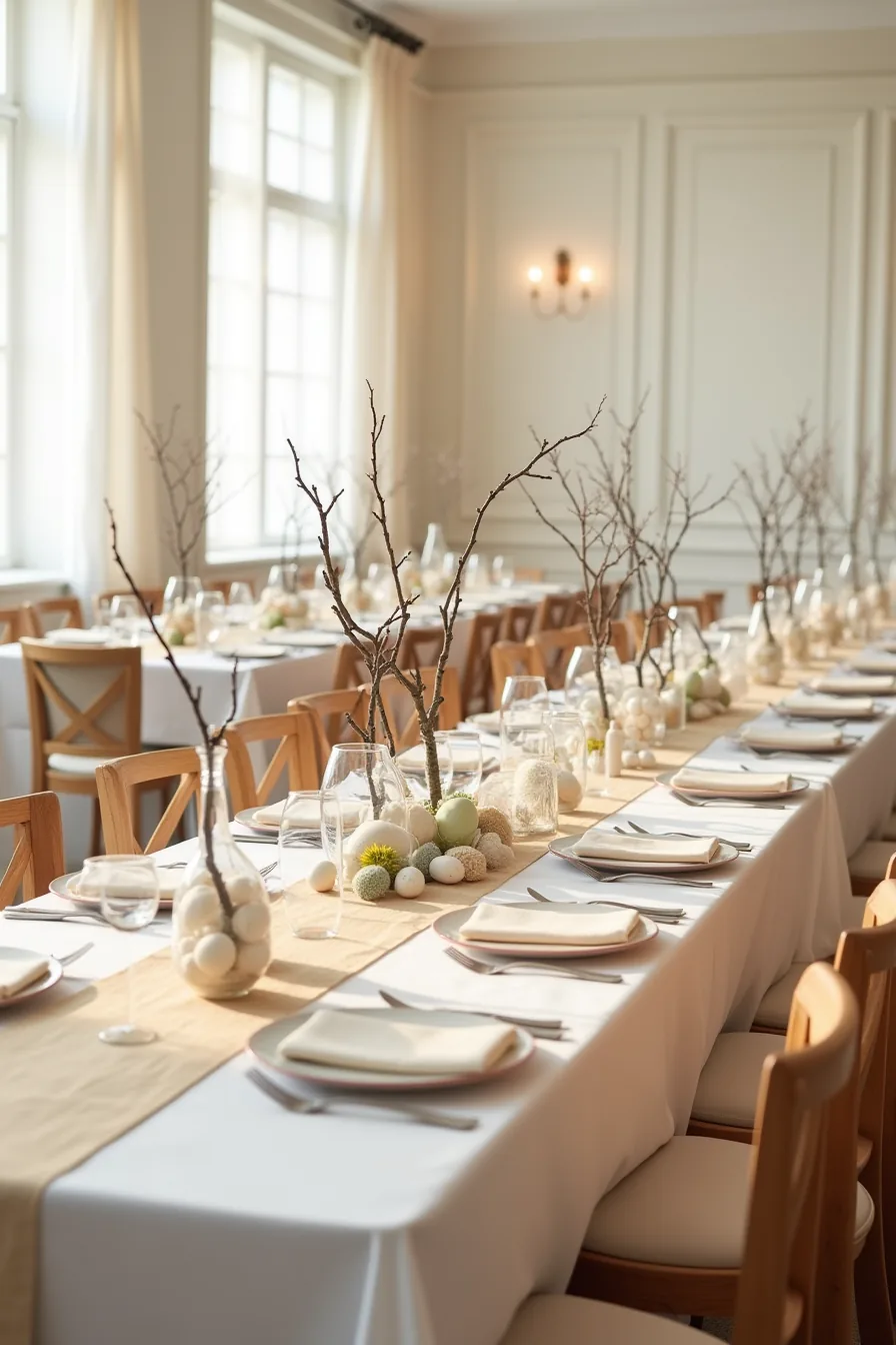 Two joined banquet tables feature cream runners, repeated low branch and pastel egg arrangements, matching napkins, and