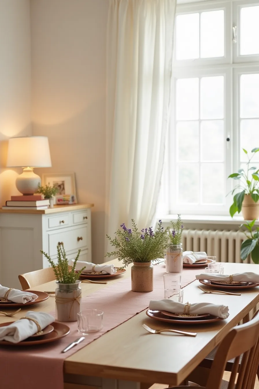 Rectangular table features a blush linen runner, wooden chargers, twine-tied napkins, place cards, and potted herbs at each