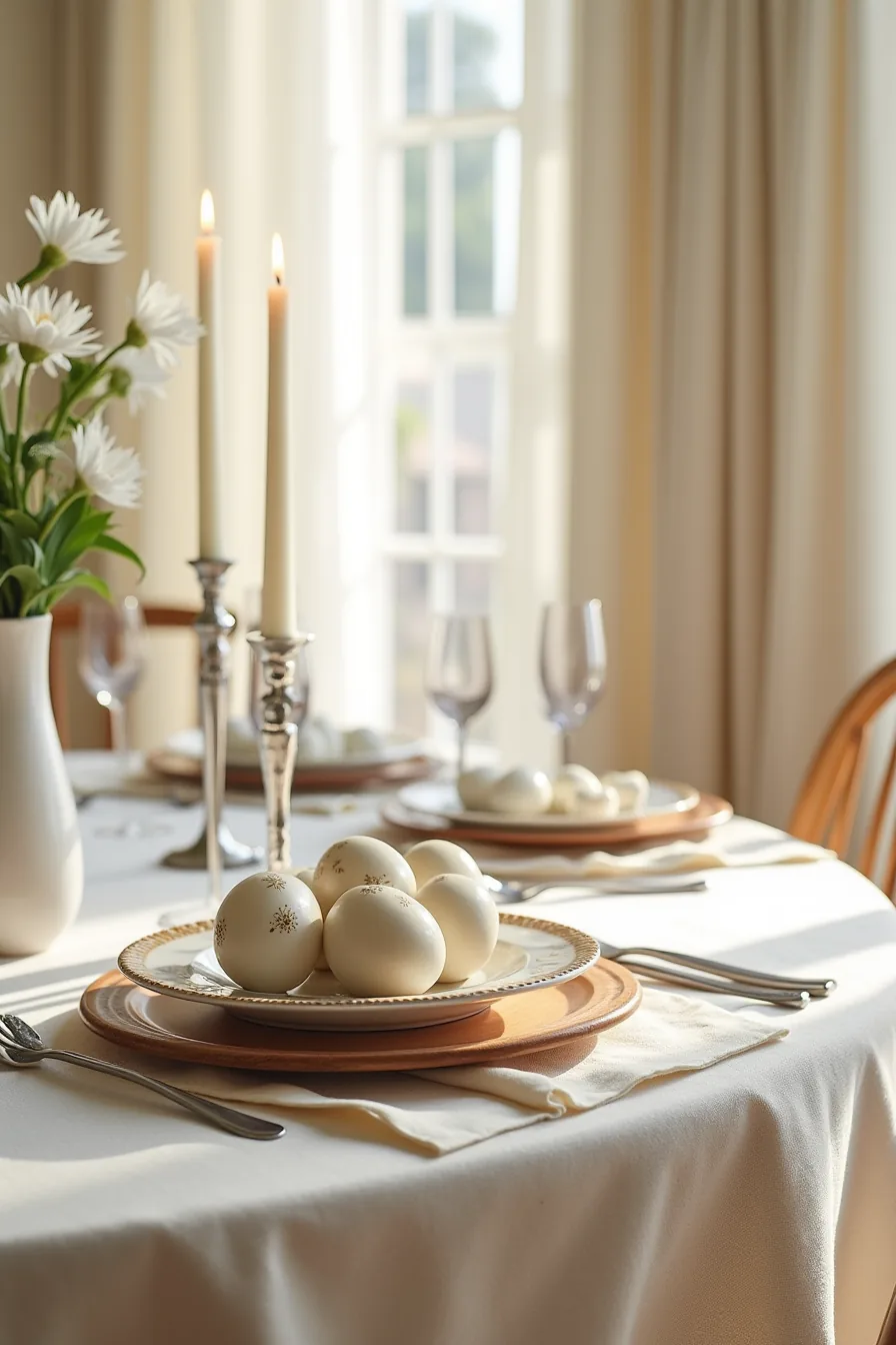 Formal place setting displays damask cream linens, wooden chargers with inlay, silver candlesticks, and a ceramic dish of