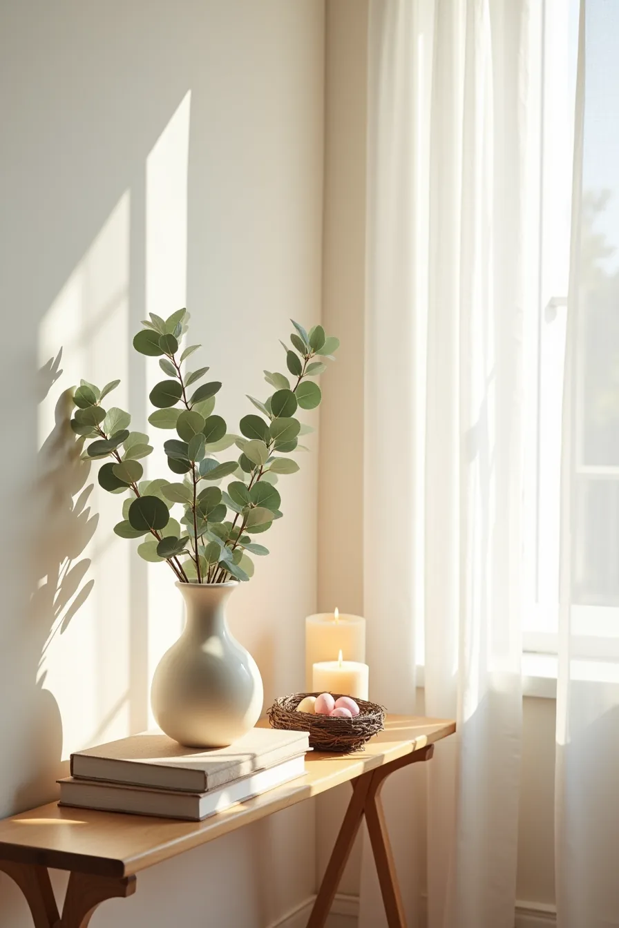 Console table displays a ceramic vessel of eucalyptus, cream candles, and a small nest holding pastel eggs.