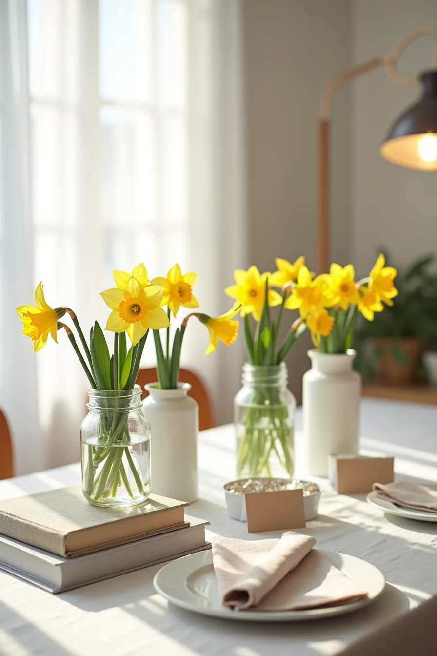 Casual table arrangement displays mason jars of daffodils, white-painted tin cans, rolled linen napkins, and handwritten