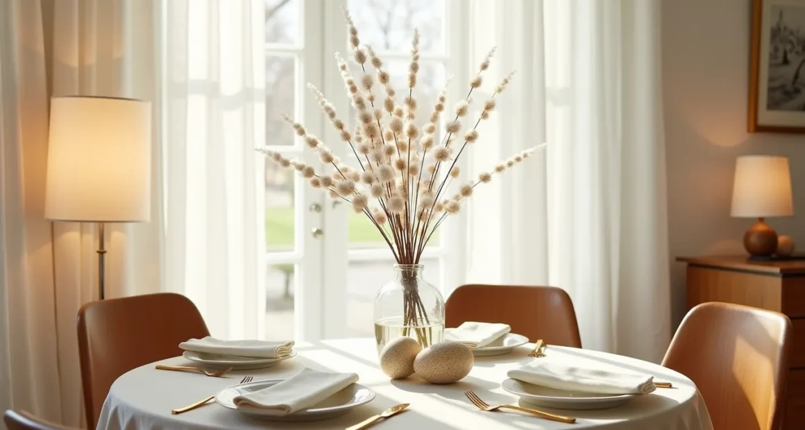 Round table for four features a glass vase of pussy willow branches, speckled eggs, gold flatware, and white napkins on a