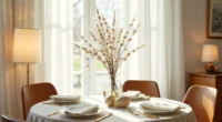 Round table for four features a glass vase of pussy willow branches, speckled eggs, gold flatware, and white napkins on a