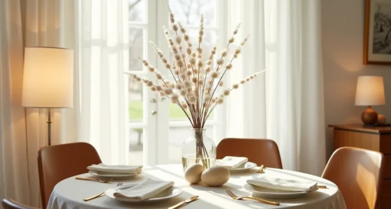 Round table for four features a glass vase of pussy willow branches, speckled eggs, gold flatware, and white napkins on a
