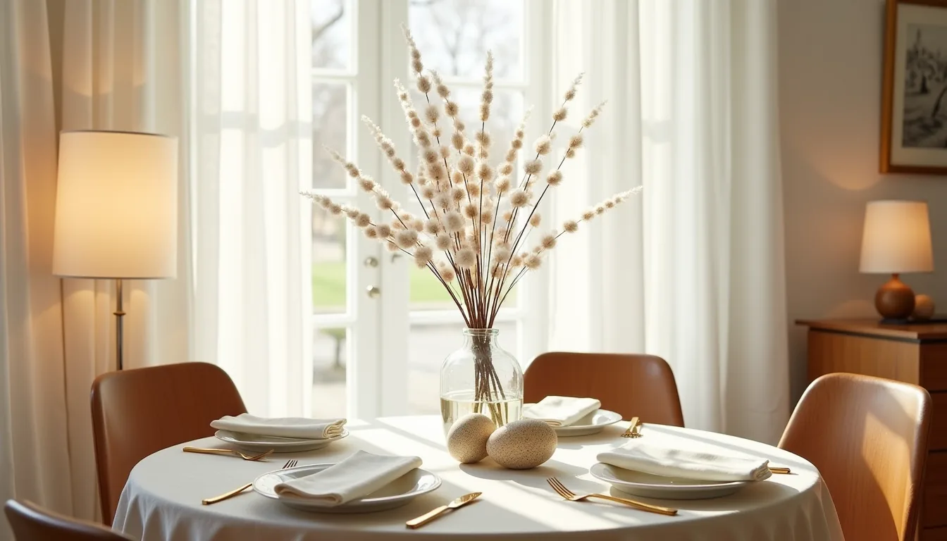 Round table for four features a glass vase of pussy willow branches, speckled eggs, gold flatware, and white napkins on a