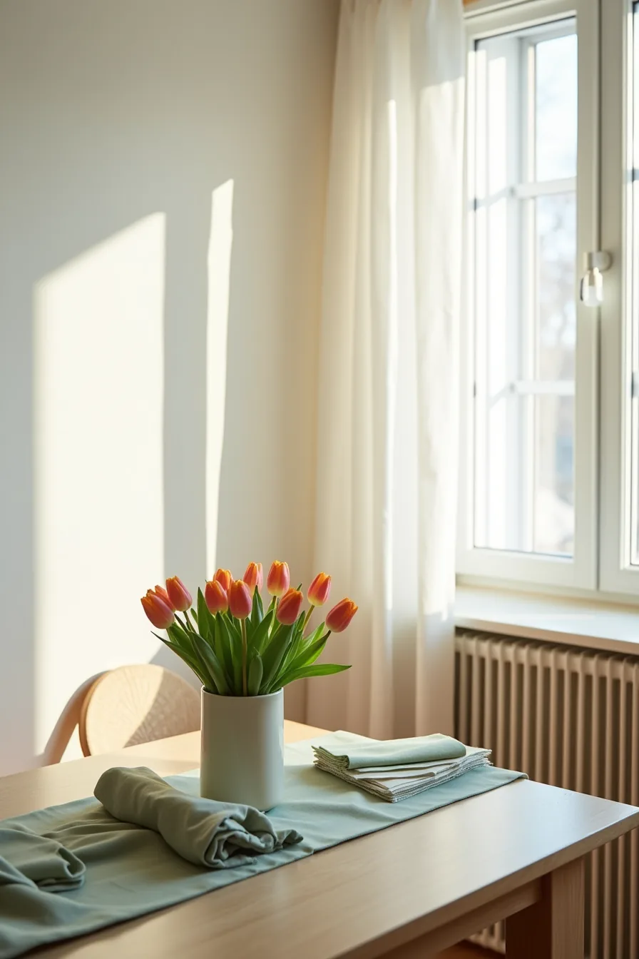 Dining table corner shows sage green fabric, potted tulips in ceramic pot, fabric napkins, and a paper table runner.