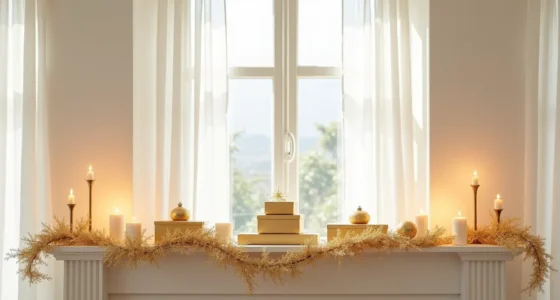 A mantelpiece displays gold mercury glass ornaments, wrapped boxes, draped gold garland, and white pillar candles arranged