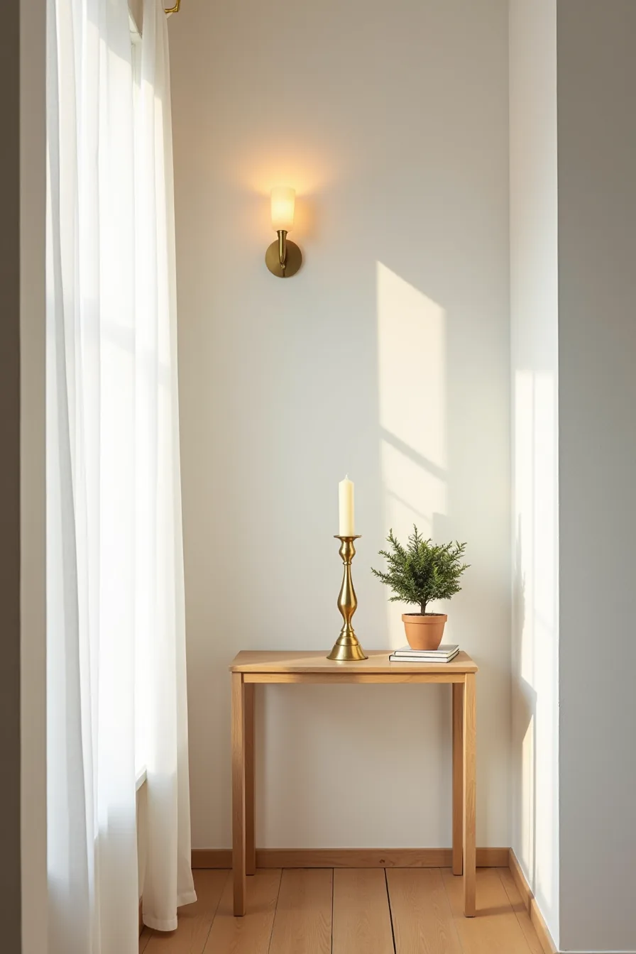 Hallway table displaying brass candleholder with cream taper candle and potted evergreen under wall sconce.