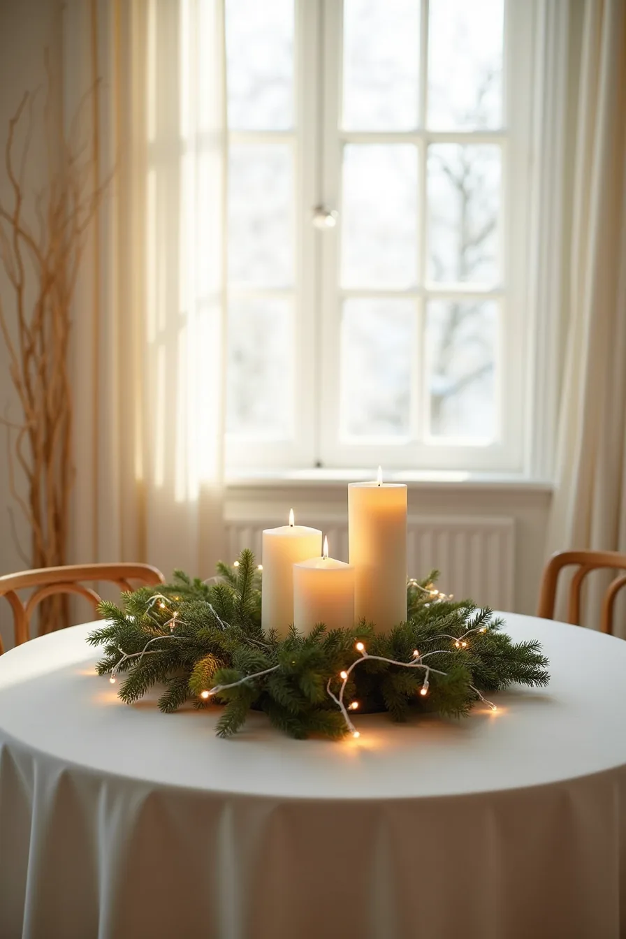 Round table decorated with fresh garland, three varying candle heights, and white string lights viewed from above.