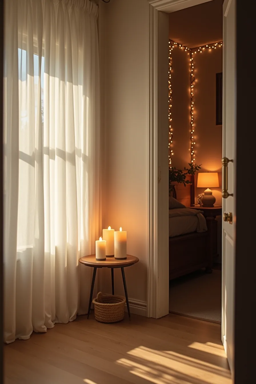 Entry table with LED candles of varying heights and warm string lights creating glow in dark corner.