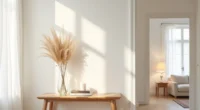 Console table with clear glass vase of dried pampas grass and pillar candle near an entry door.