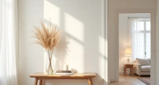 Console table with clear glass vase of dried pampas grass and pillar candle near an entry door.