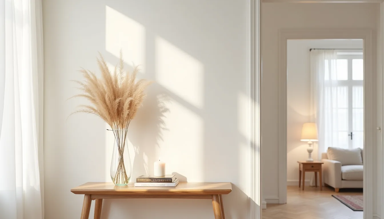 Console table with clear glass vase of dried pampas grass and pillar candle near an entry door.