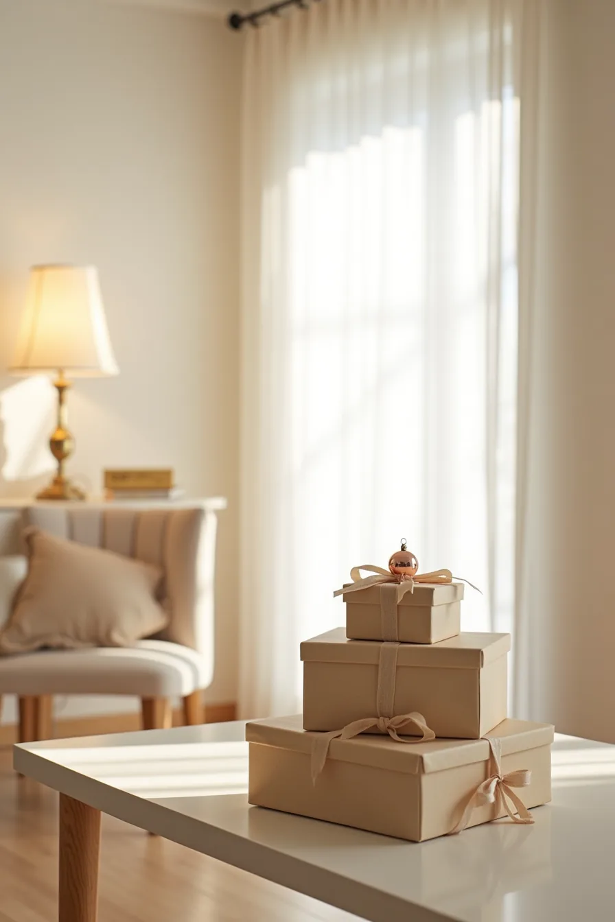 Entryway table with stacked wrapped boxes tied in ribbon and topped with a small ornament.