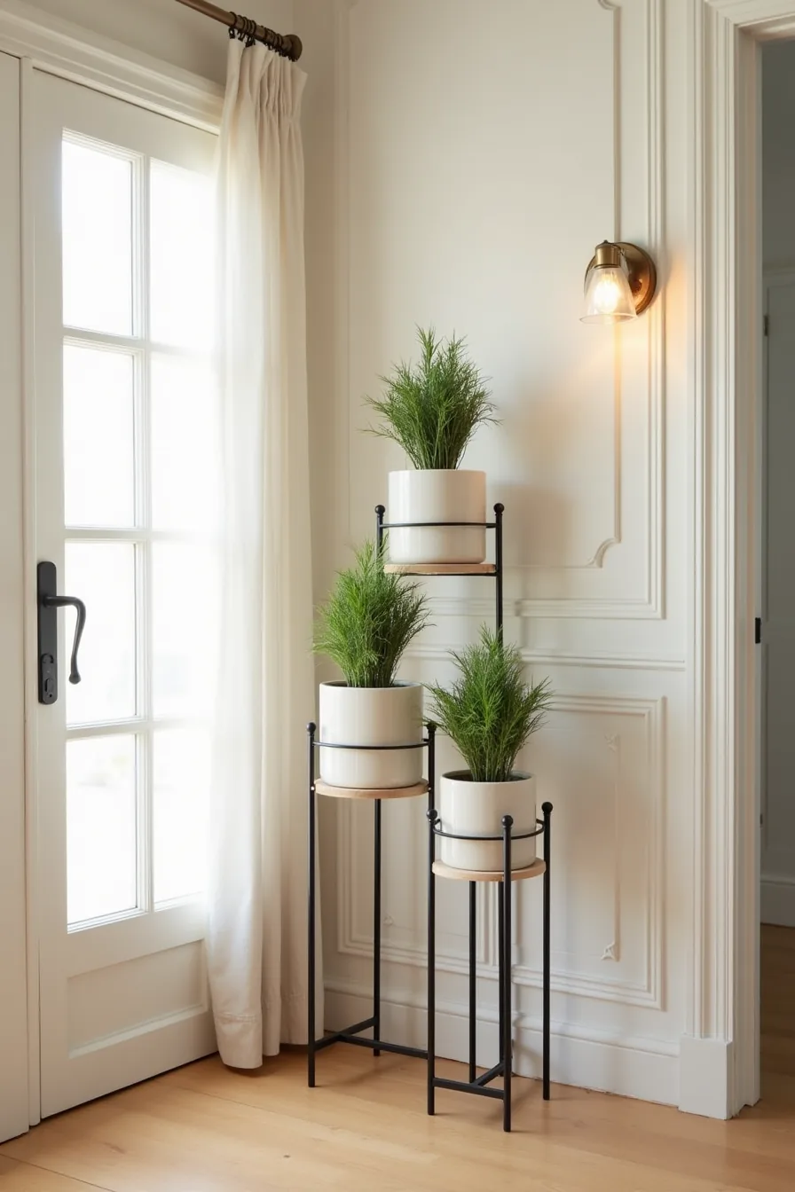 Entry table with tiered metal stand holding three ceramic planters of decreasing size filled with evergreen cuttings.