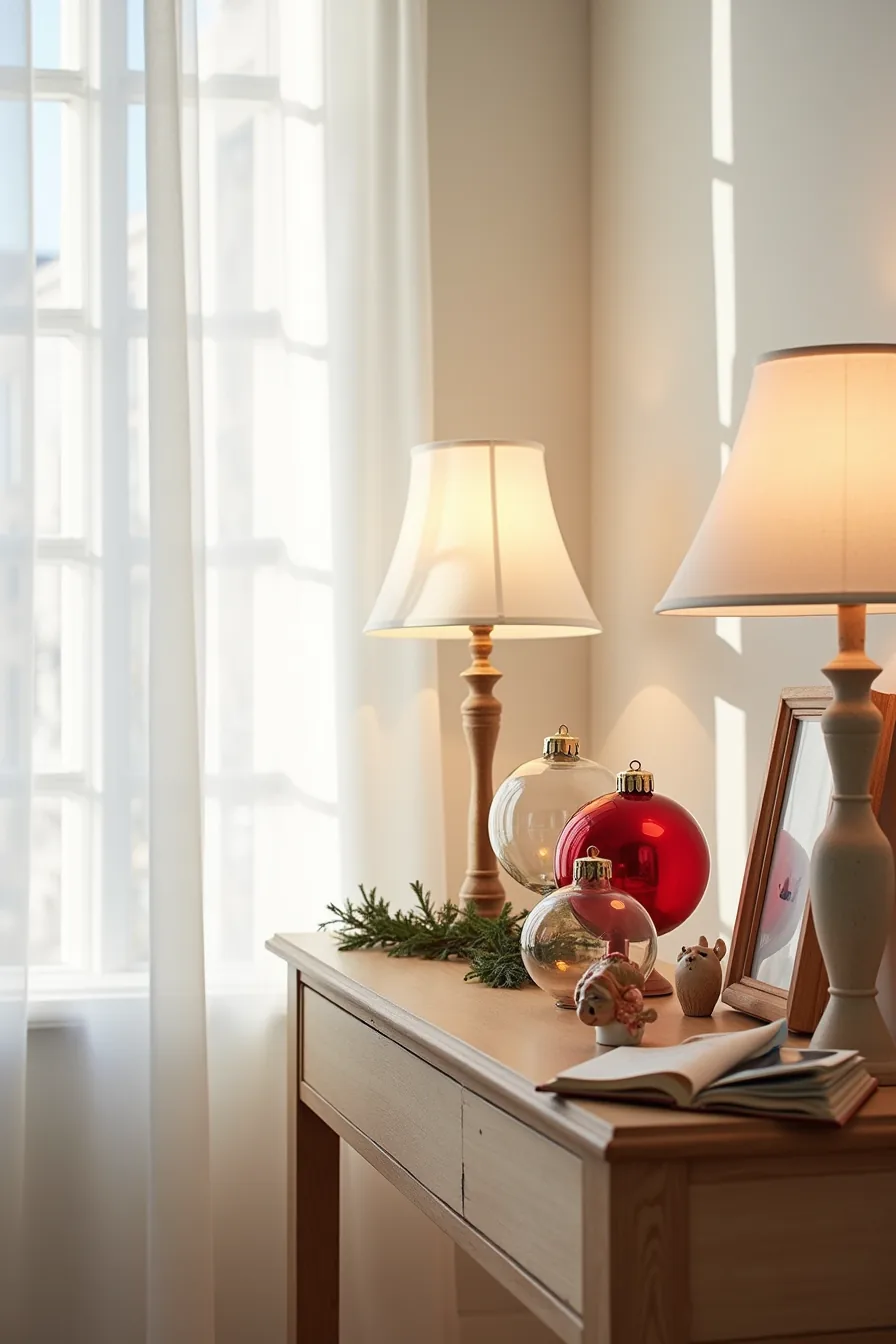 Console table featuring vintage glass ornaments, ceramic figurine, framed photo, holly sprig, and wood accents.