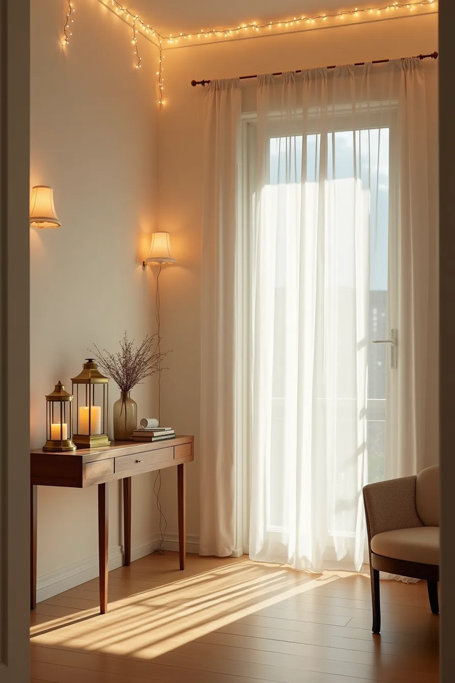 Brass lanterns with pillar candles sit on a console table beneath string lights draped around the doorframe at dusk.