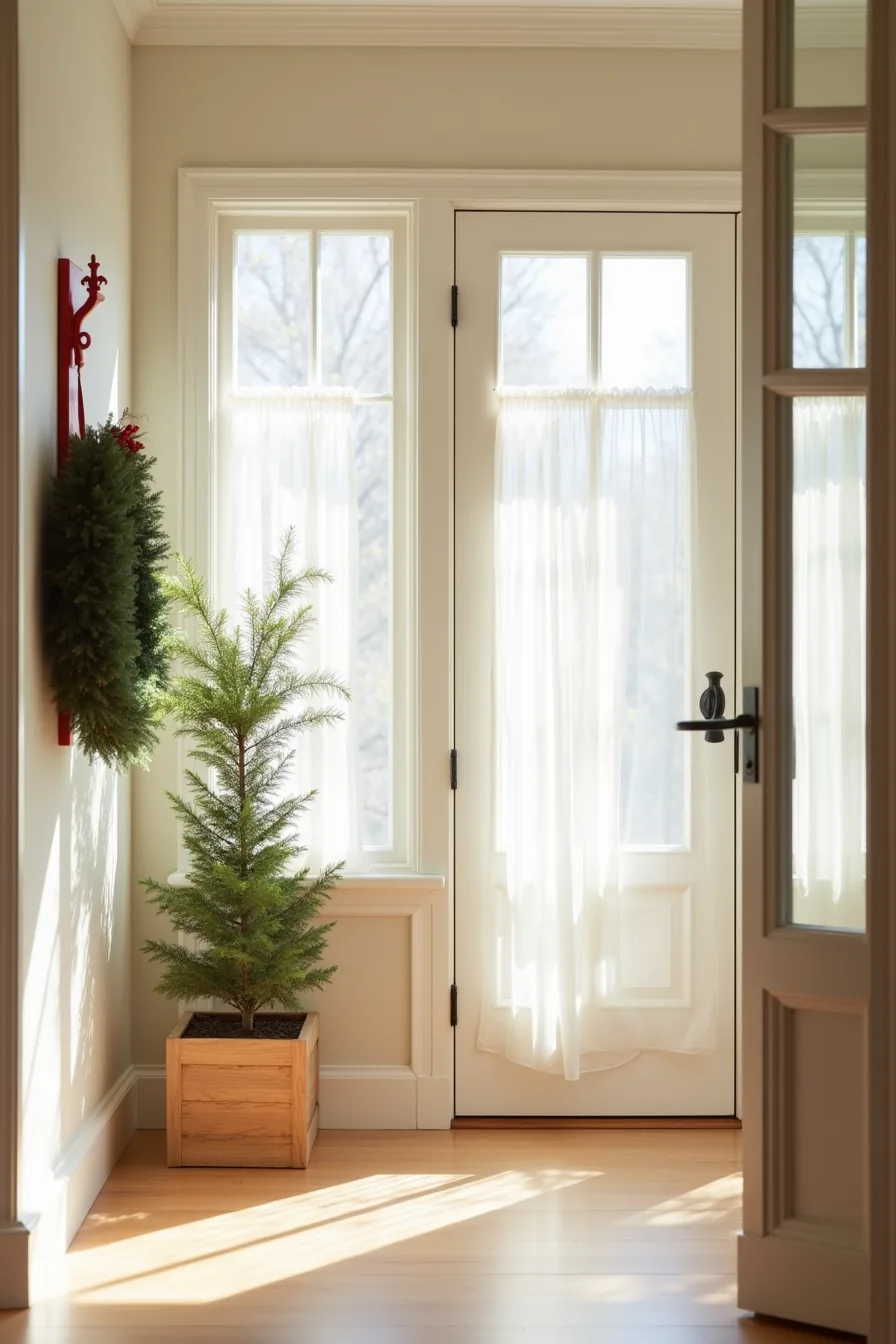 Built-in wooden planter boxes flank the doorway with potted evergreens, a wreath hook above, and recessed baselight