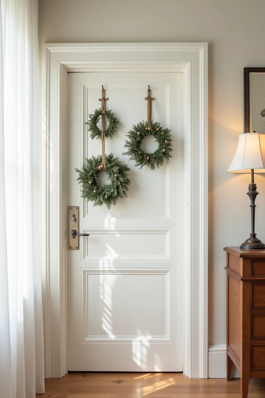 Doorframe and metal door decorated with command hooks, magnetic strips, small wreaths, garland swags, and metal ornaments.