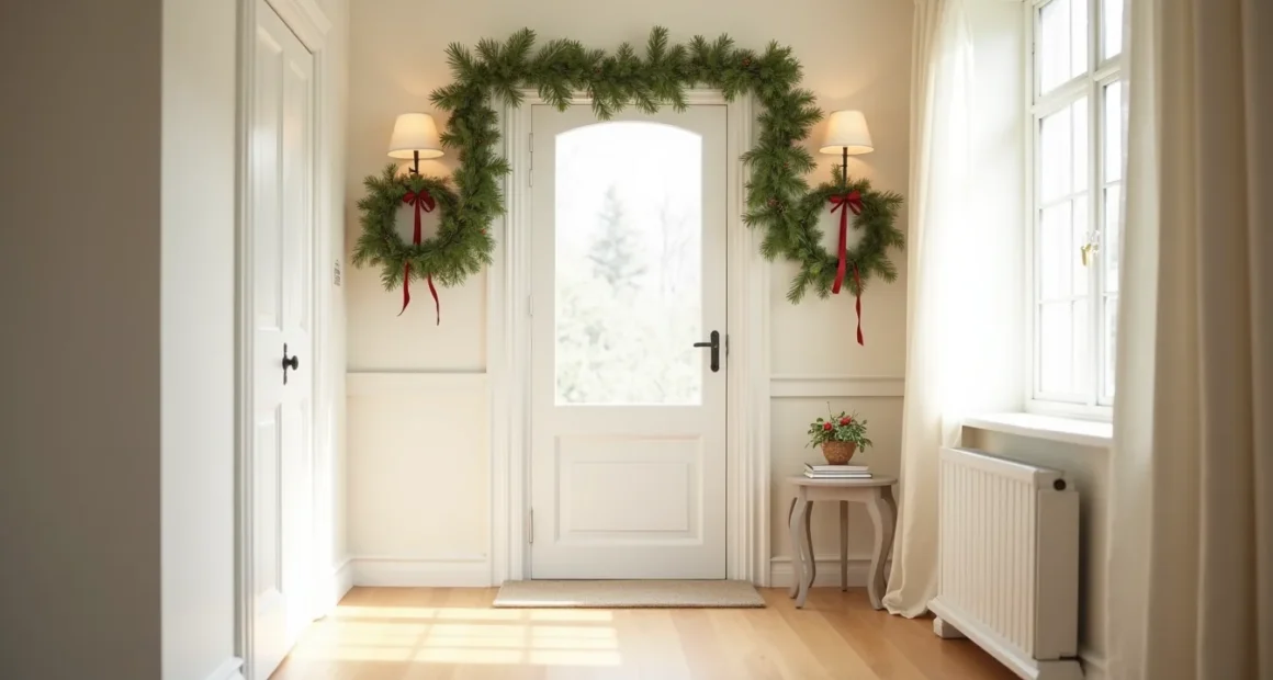 White front door framed by paired evergreen garlands tied with red ribbons, with a console table below and open floor space.