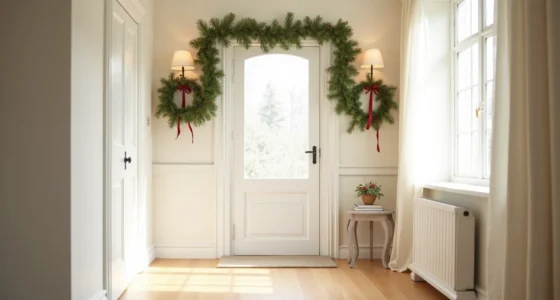 White front door framed by paired evergreen garlands tied with red ribbons, with a console table below and open floor space.