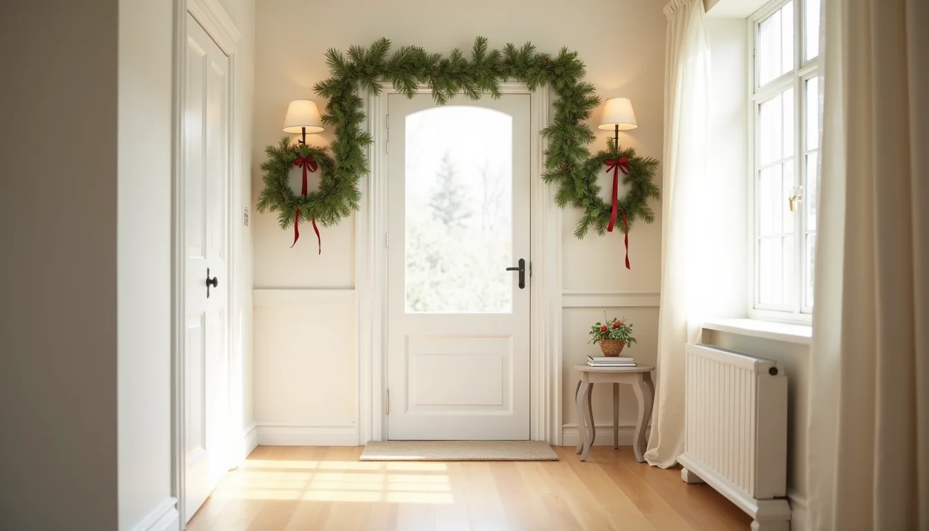 White front door framed by paired evergreen garlands tied with red ribbons, with a console table below and open floor space.