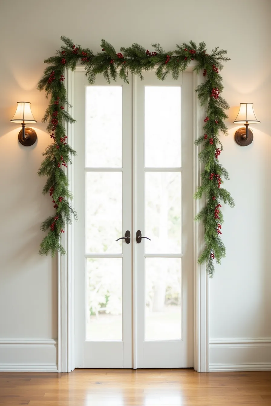 Doorframe decorated with mixed greenery and berry garlands on both sides, viewed head-on with polished wood flooring below.