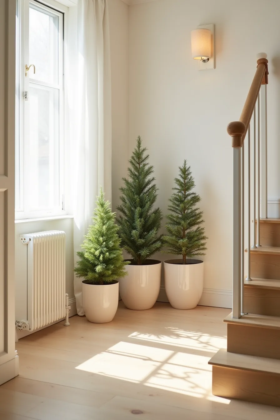 Three ceramic pots of varying heights hold evergreens and poinsettias arranged in a corner near stairs.
